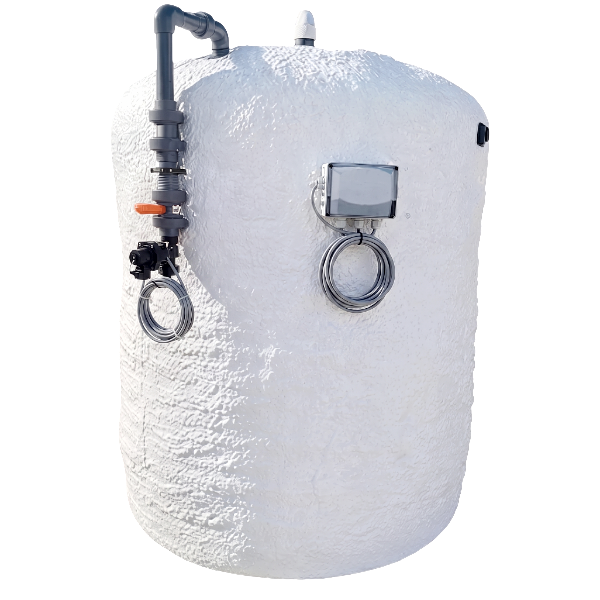Insulated white poly tank with a mounted temperature controller, sensor cabling, and a valved inlet assembly