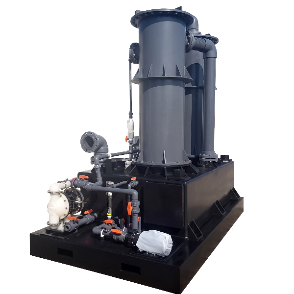 Gray scrubber column and recirculation tank mounted on a black poly containment base with piping and a diaphragm pump