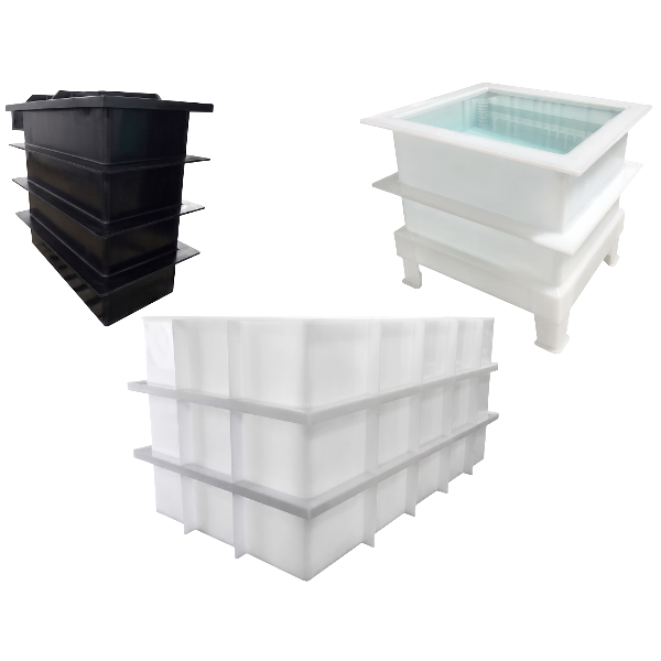 Three rectangular fabricated poly tanks in black and white with external ribbing and integral stands