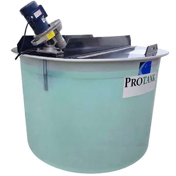 Cylindrical poly tank with a hinged lid, top-mounted mixer motor and shaft, and an internal baffle