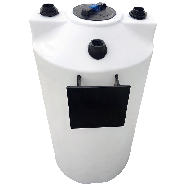 White rotationally molded vertical poly tank outfitted with bulkhead fittings, a lid assembly, and a mounted black panel