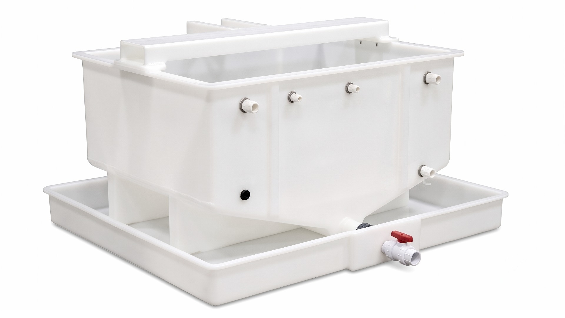 An image of a custom fabricated polypropylene tank with sloped bottom, mixer mount, fitting ports, and containment