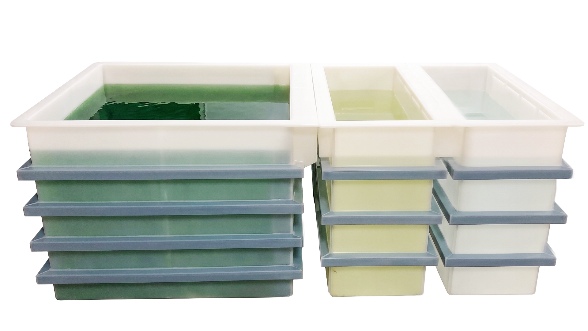 Custom fabricated polypropylene tanks with baffles filled with water, undergoing leakproofness testing
