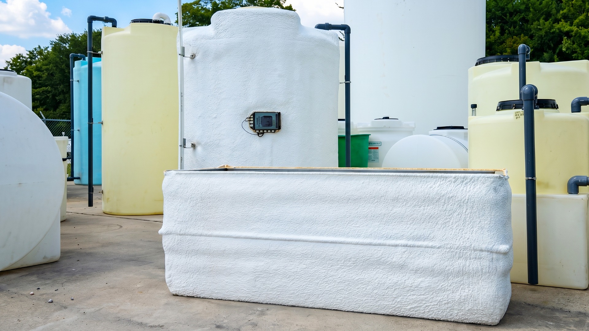 Staging area with several industrial storage tanks customized with protective foam insulation for temperature maintenance