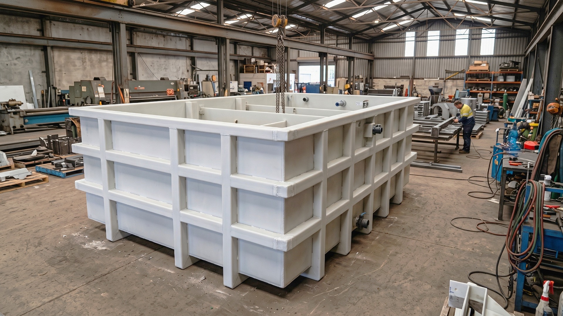 An image of a large custom polypropylene phosphating tank inside industrial warehouse finishing fabrication.