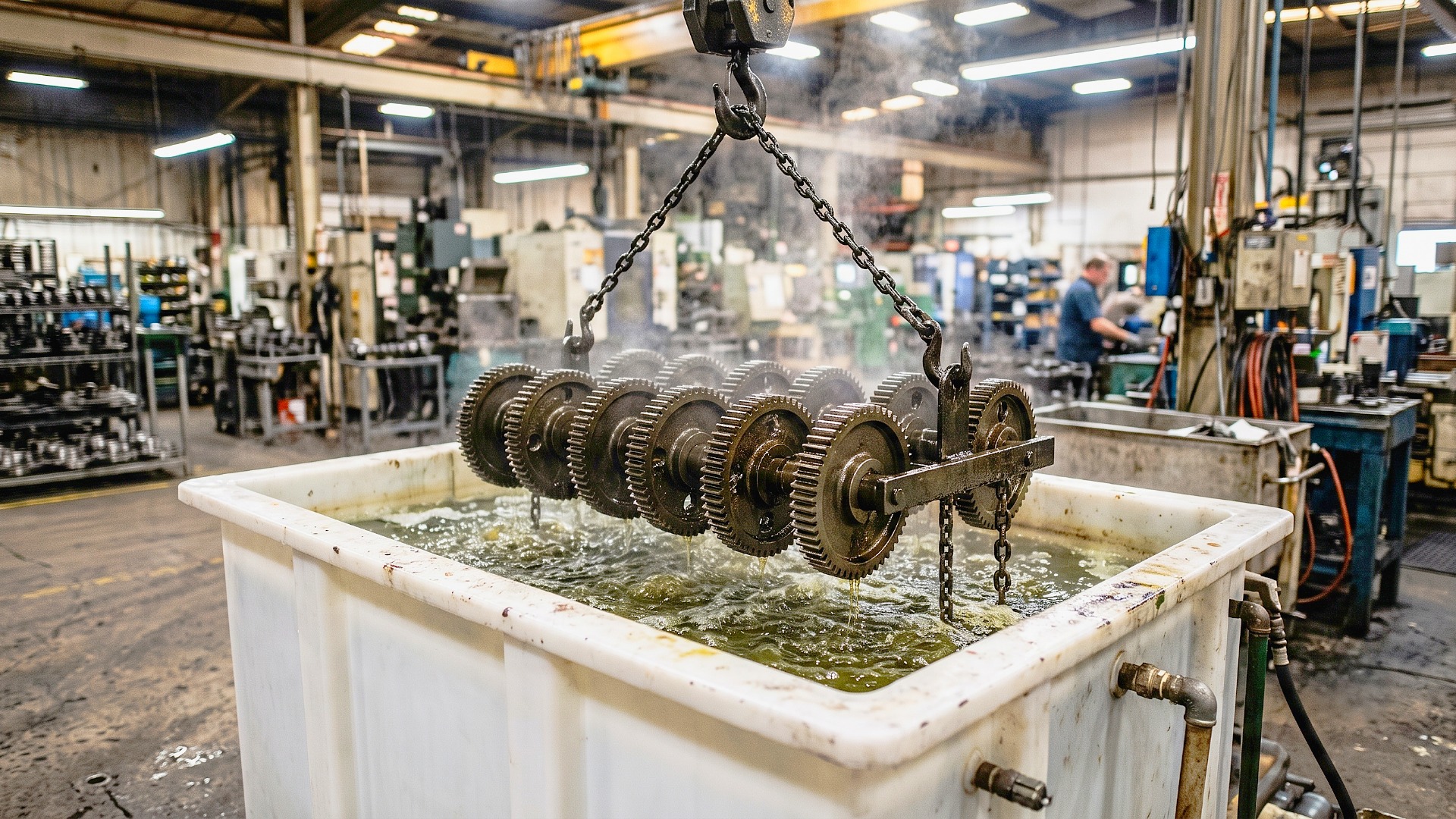 An image of a custom polypropylene phosphating tank being used to treat metal gears being dipped and lifted from the tank solution