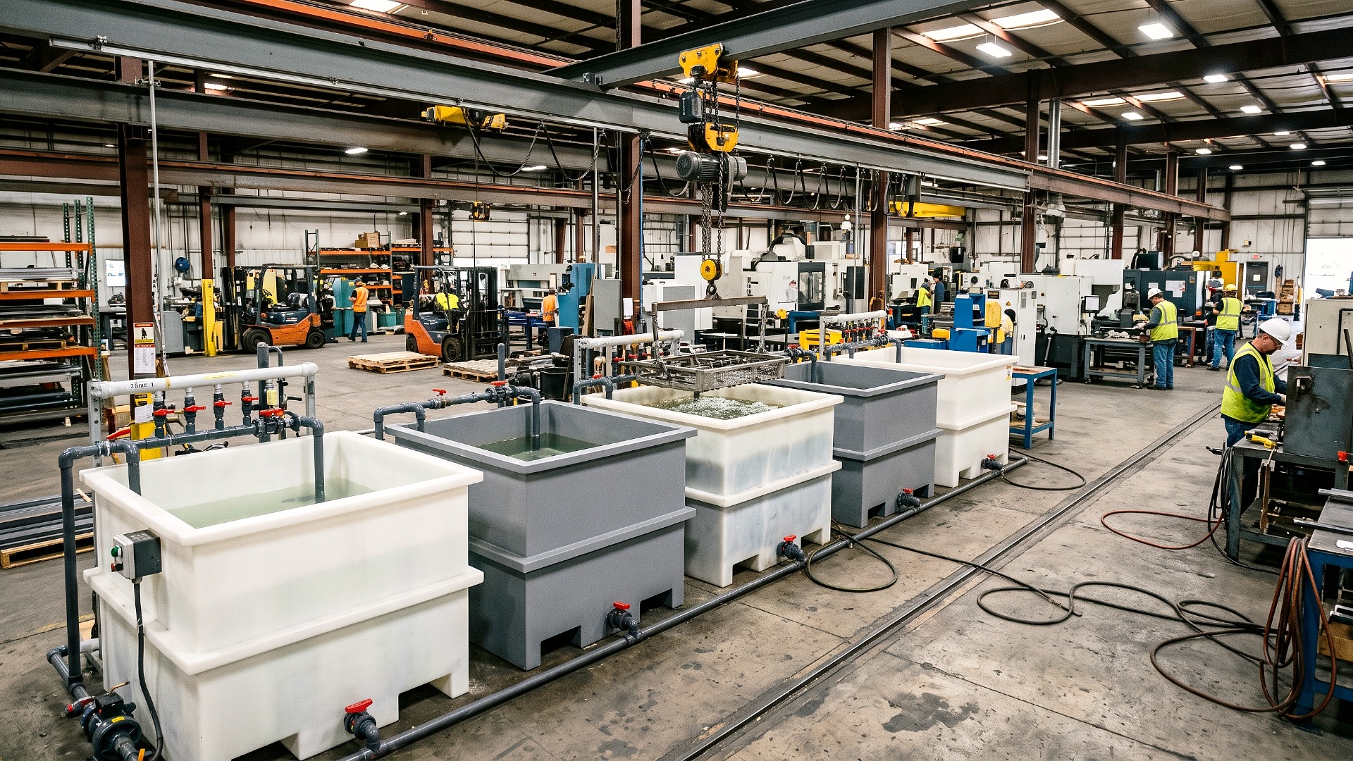An image showing a line of custom phosphating tanks set up in an industrial facility for multi-step line processing of parts and components