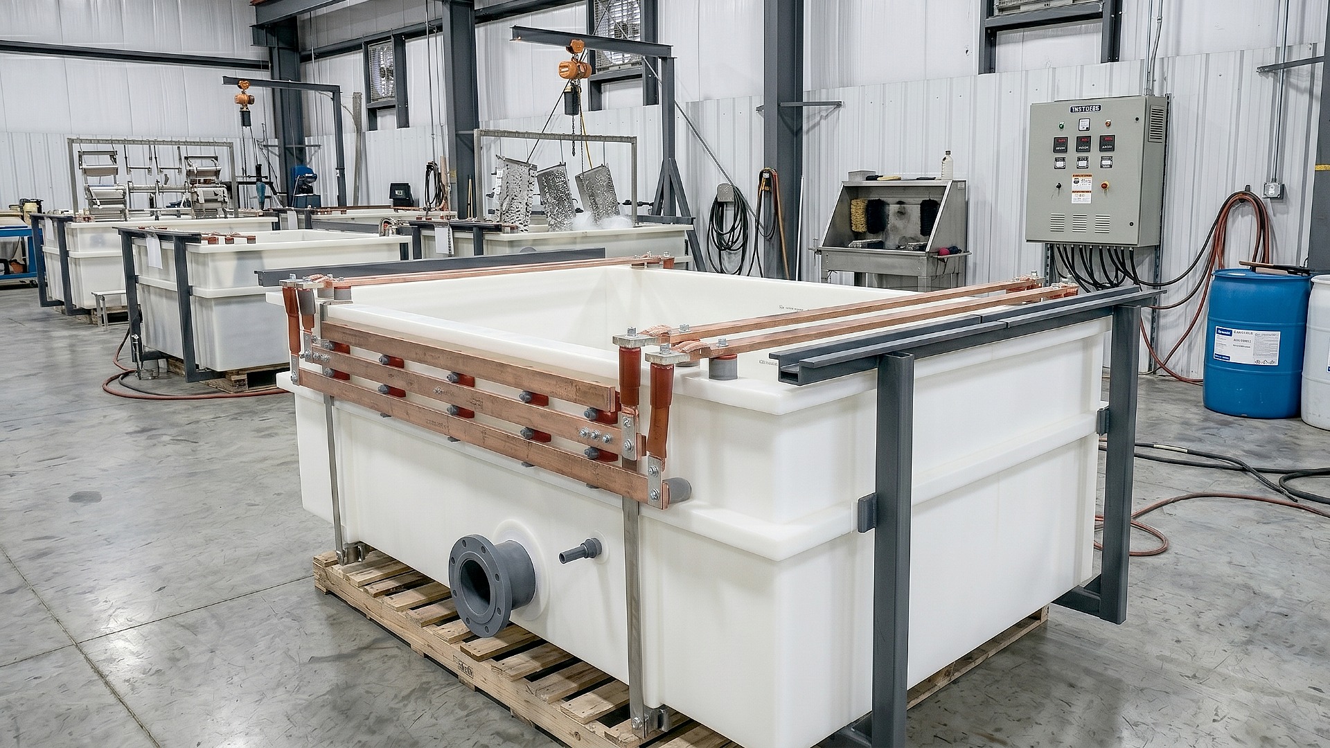 Custom polypropylene pickling tank with client installed copper bus bars