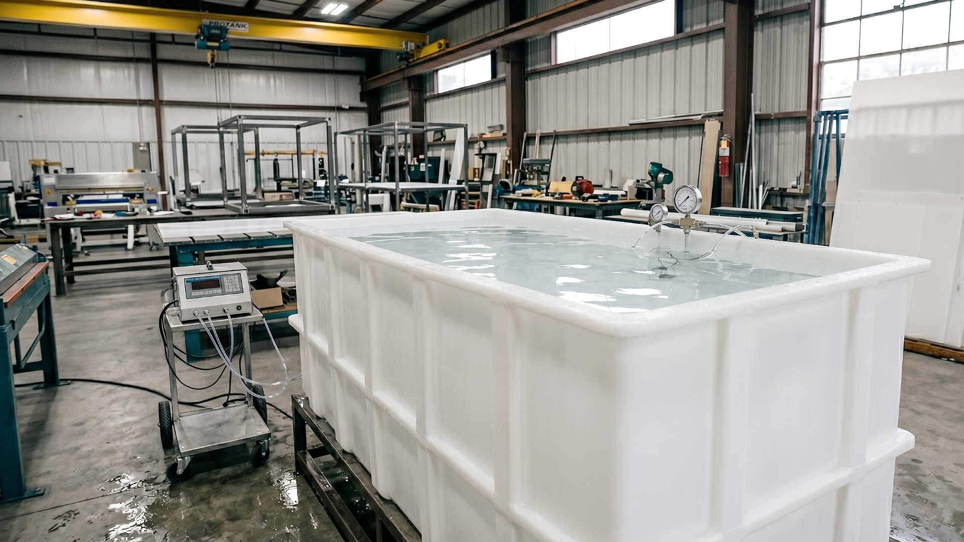 Custom polypropylene pickling tank undergrounding leak testing following fabrication and before shipment