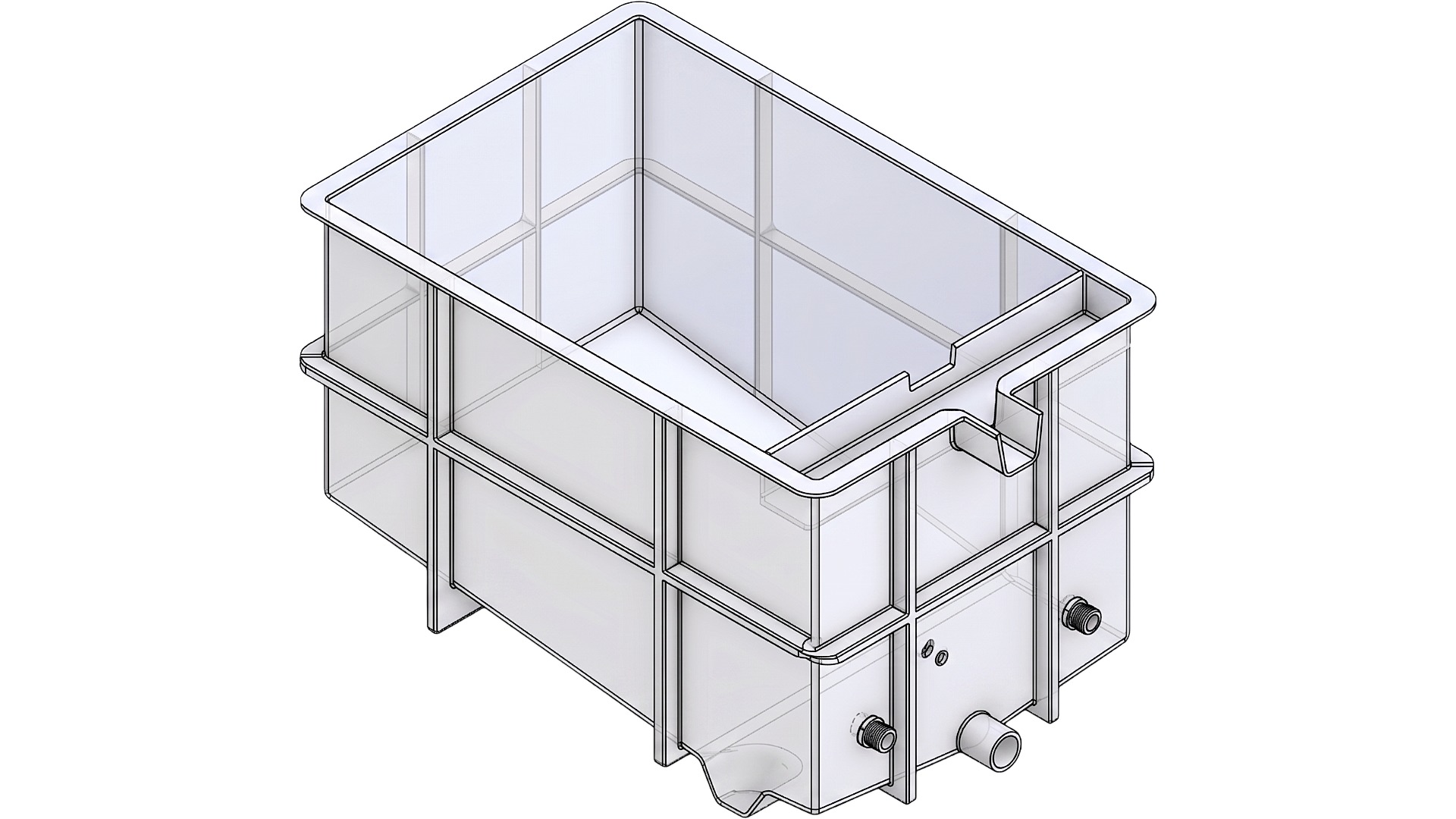 Custom polypropylene tank spec drawing showing built in reinforcement ribs, sloped bottom, sump, overflow weir, and fitting ports