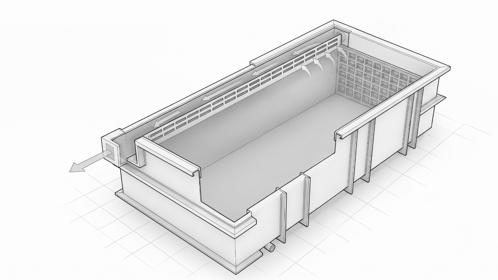 A spec diagram of a large chemical stripping tank with built in fume control channels for ventilation scrubber compliance.