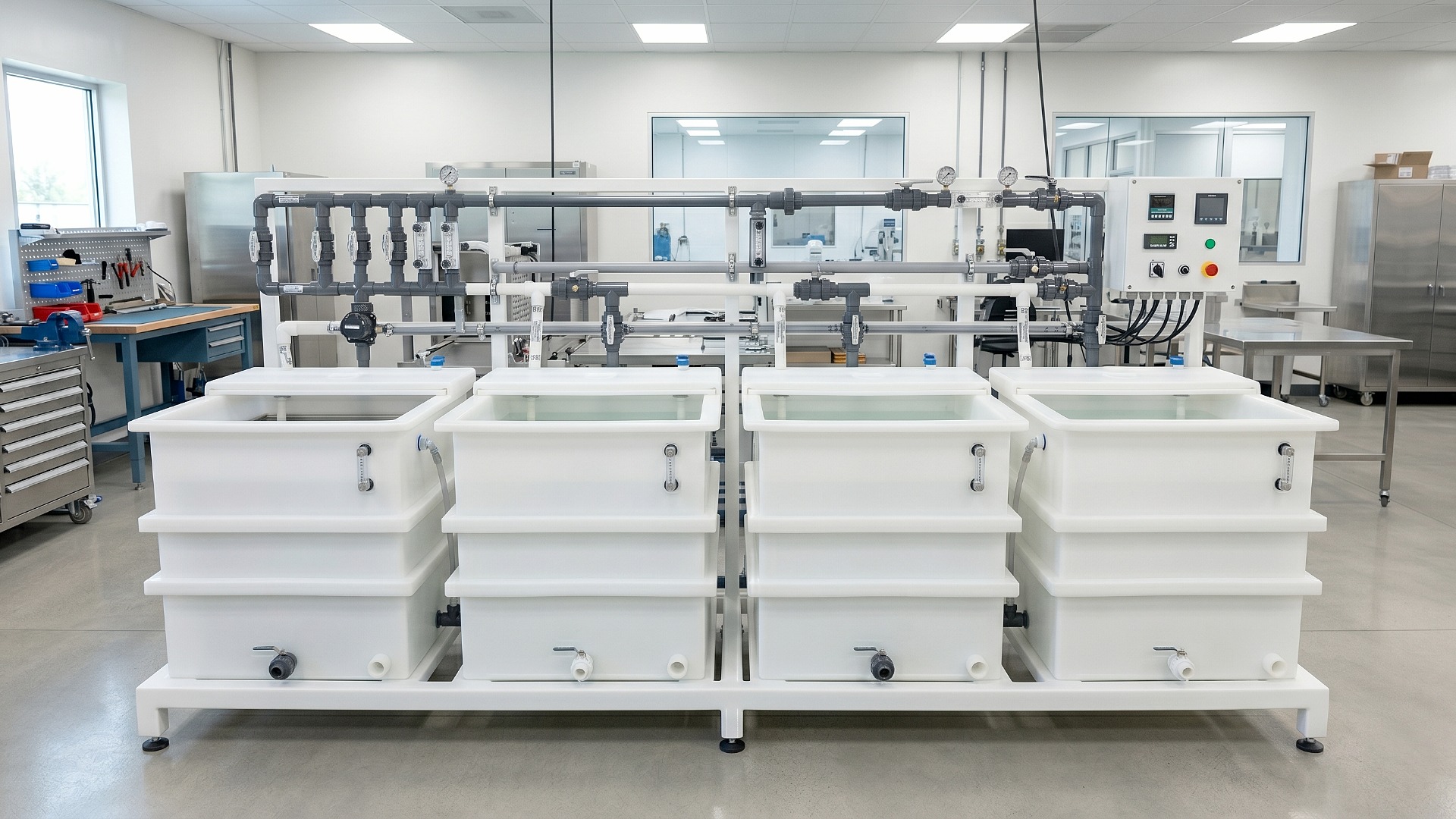 Image of a multi-tank chemical treatment line with four white polypropylene tanks with pipes and fittings in an indoor facility