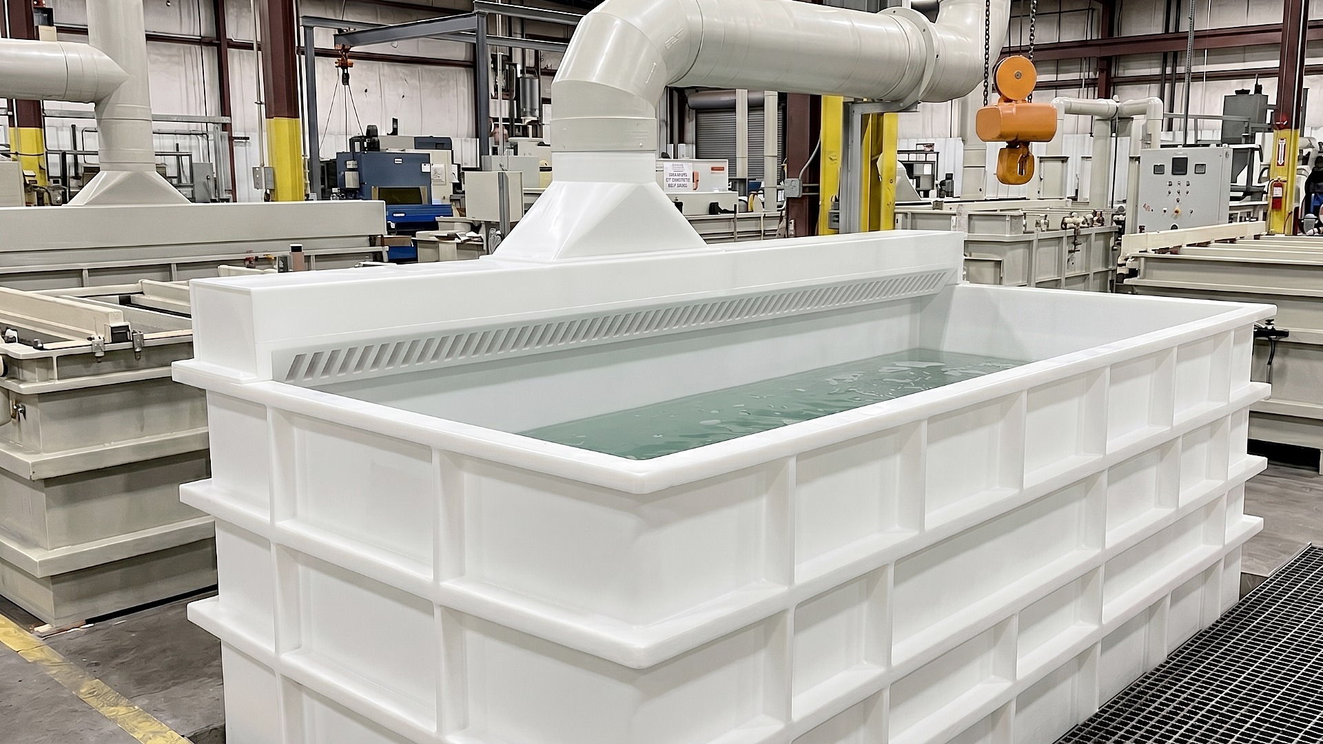 In-use made-to-order polypropylene pickling tank with fume extraction hood for scrubber connection