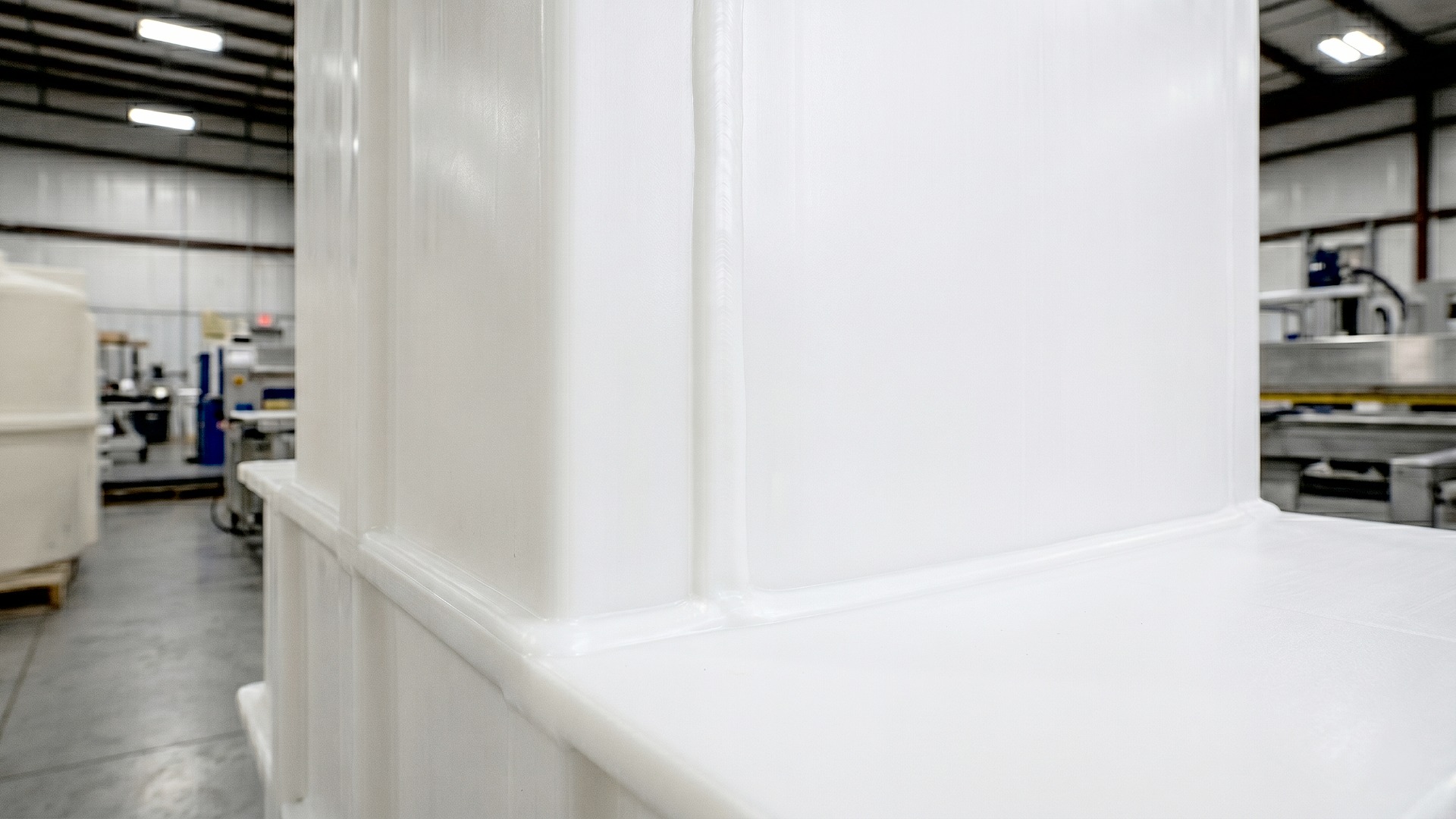 Close up image of custom polypropylene tank with extrusion welded joints and seams