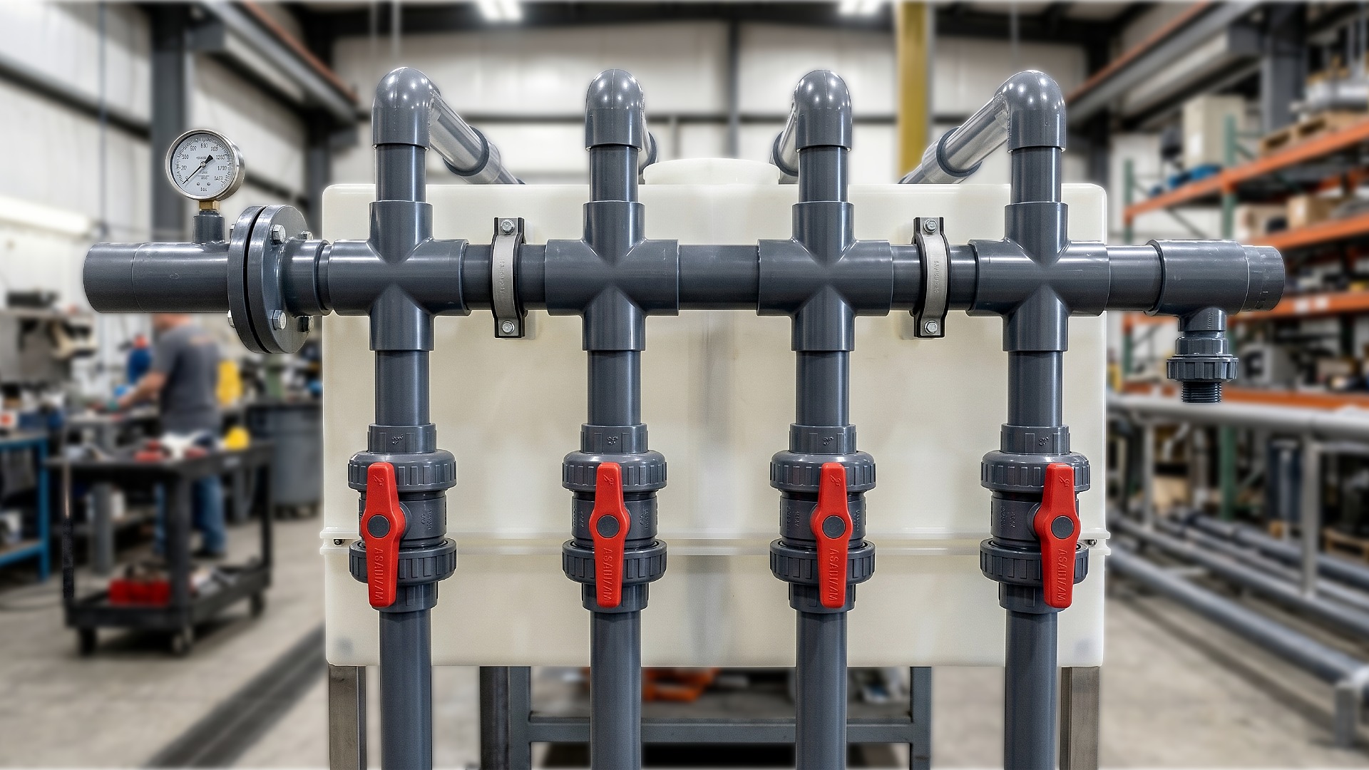 Gray PVC control manifold with red valves on a custom wastewater treatment tank