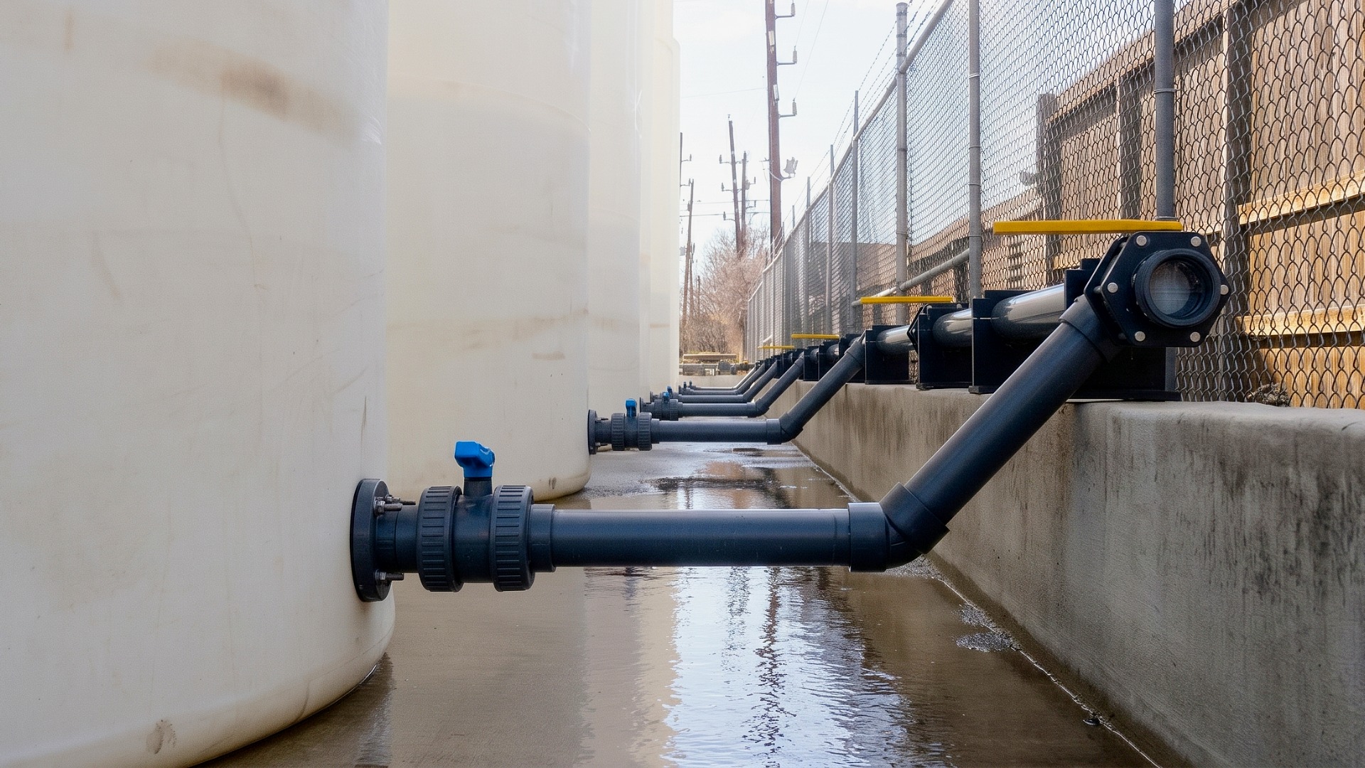Low-angle view of a grey PVC piping manifold with valves connected to a row of white industrial storage tanks