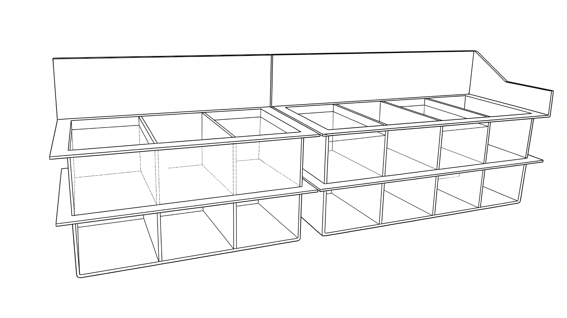 Spec style line drawing of custom multi-stage chemical bath tanks with seven chambers in sequence