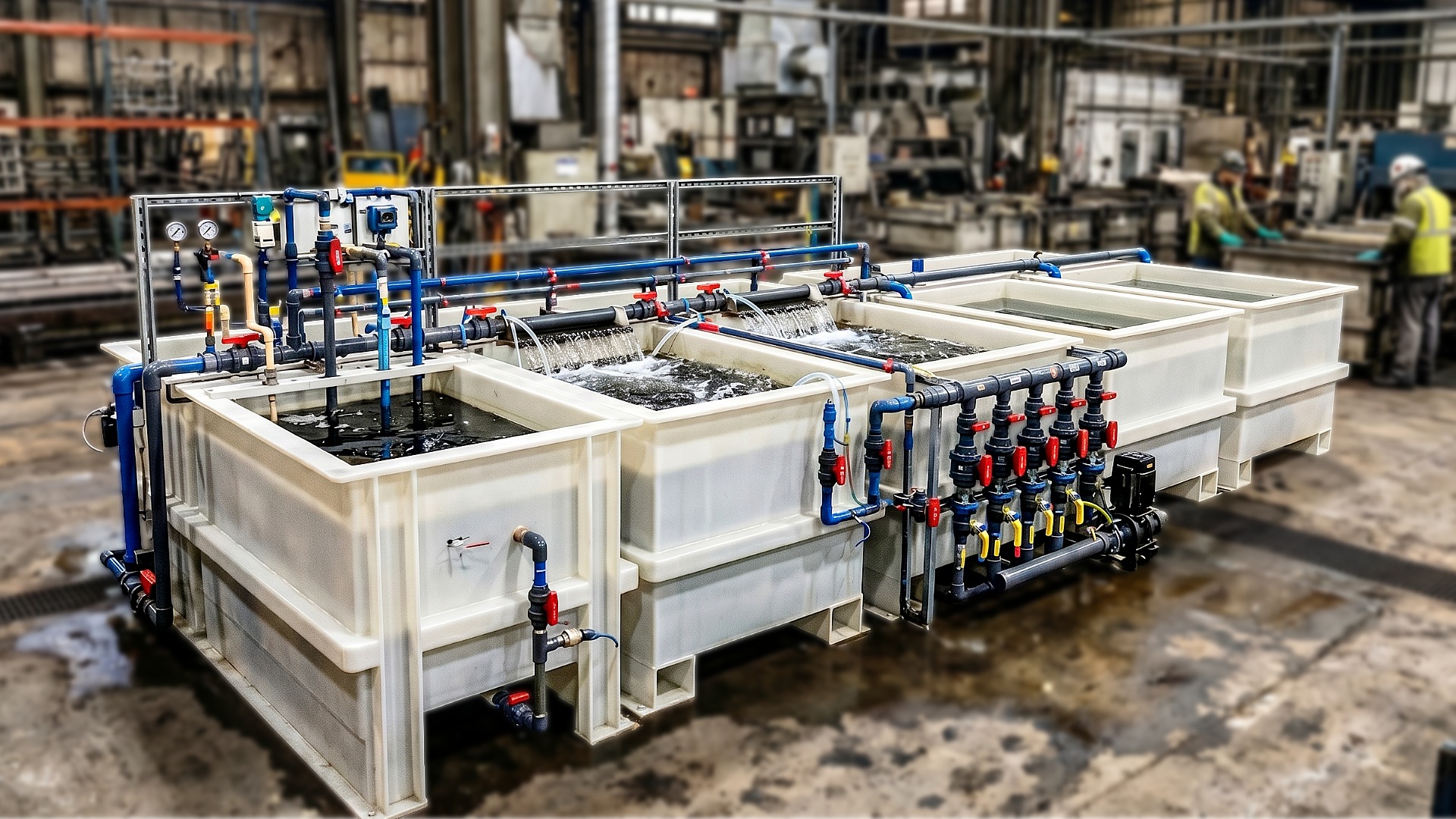 Multi stage industrial wastewater treatment system with white custom tanks in a factory