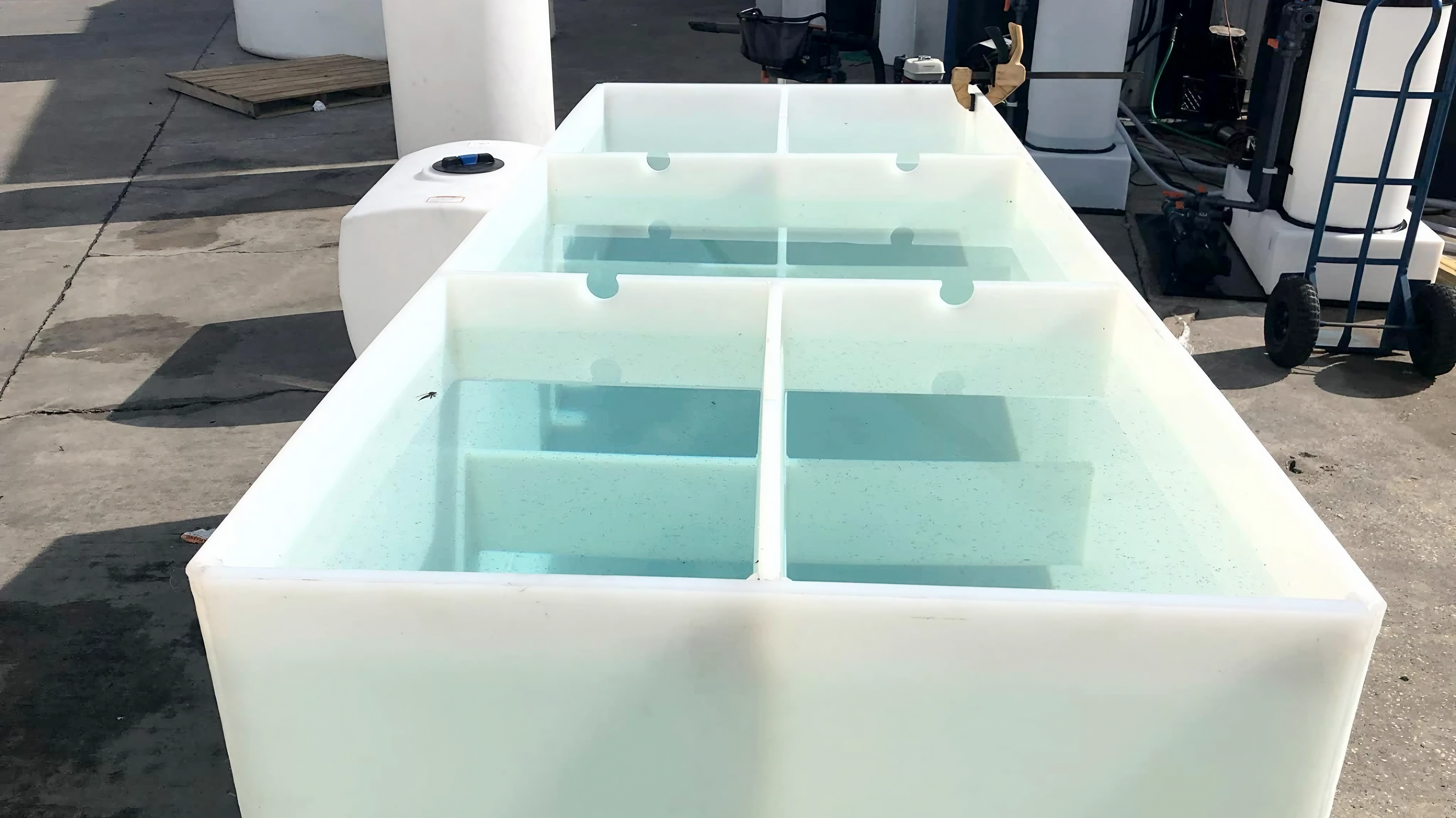 A custom built rectangular polypropylene tank divided into four equal water-filled compartments
