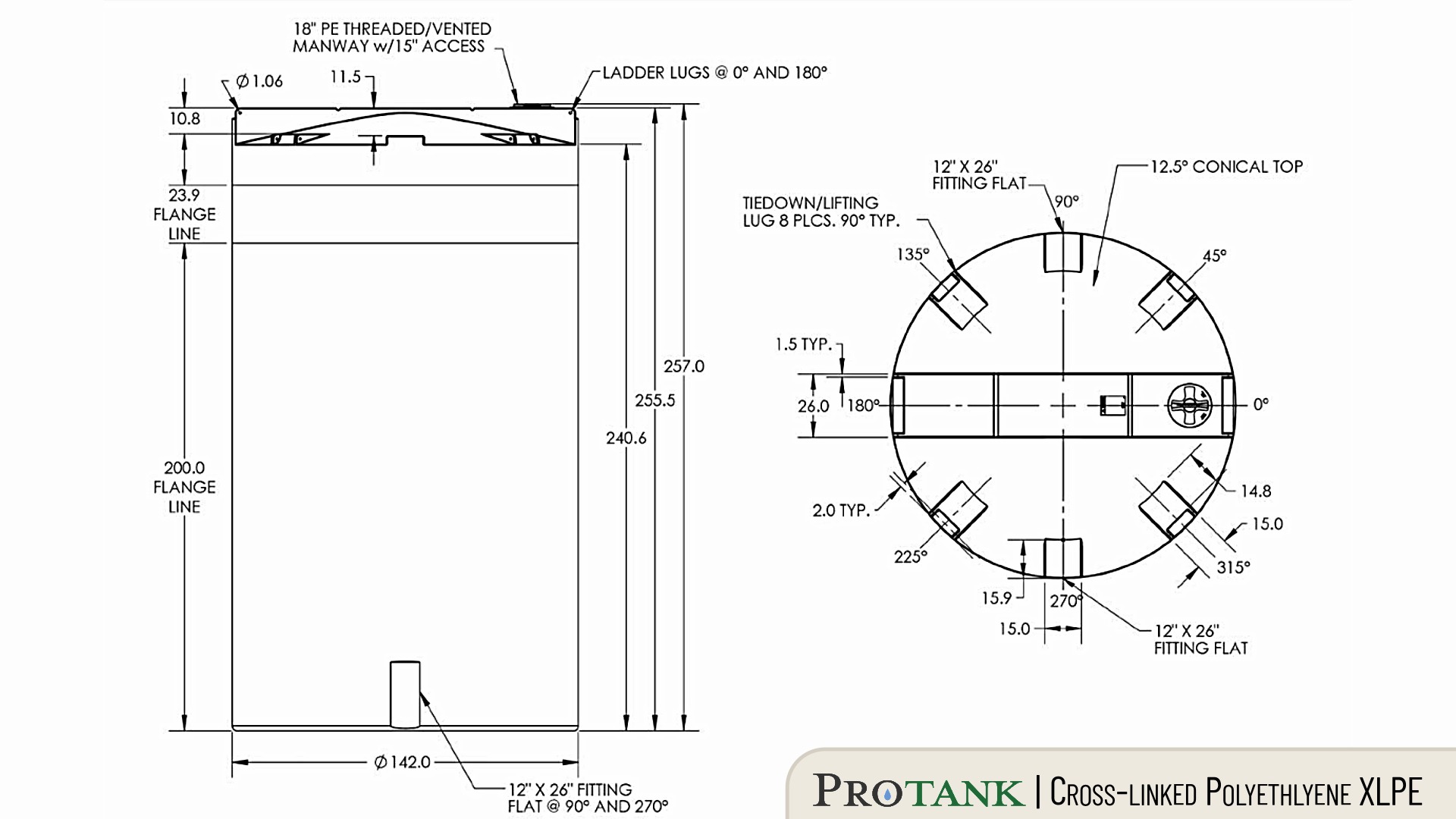 An image showing a specification technical drawing sheet for a cross linked polyethylene tank indicating measurements across the tank