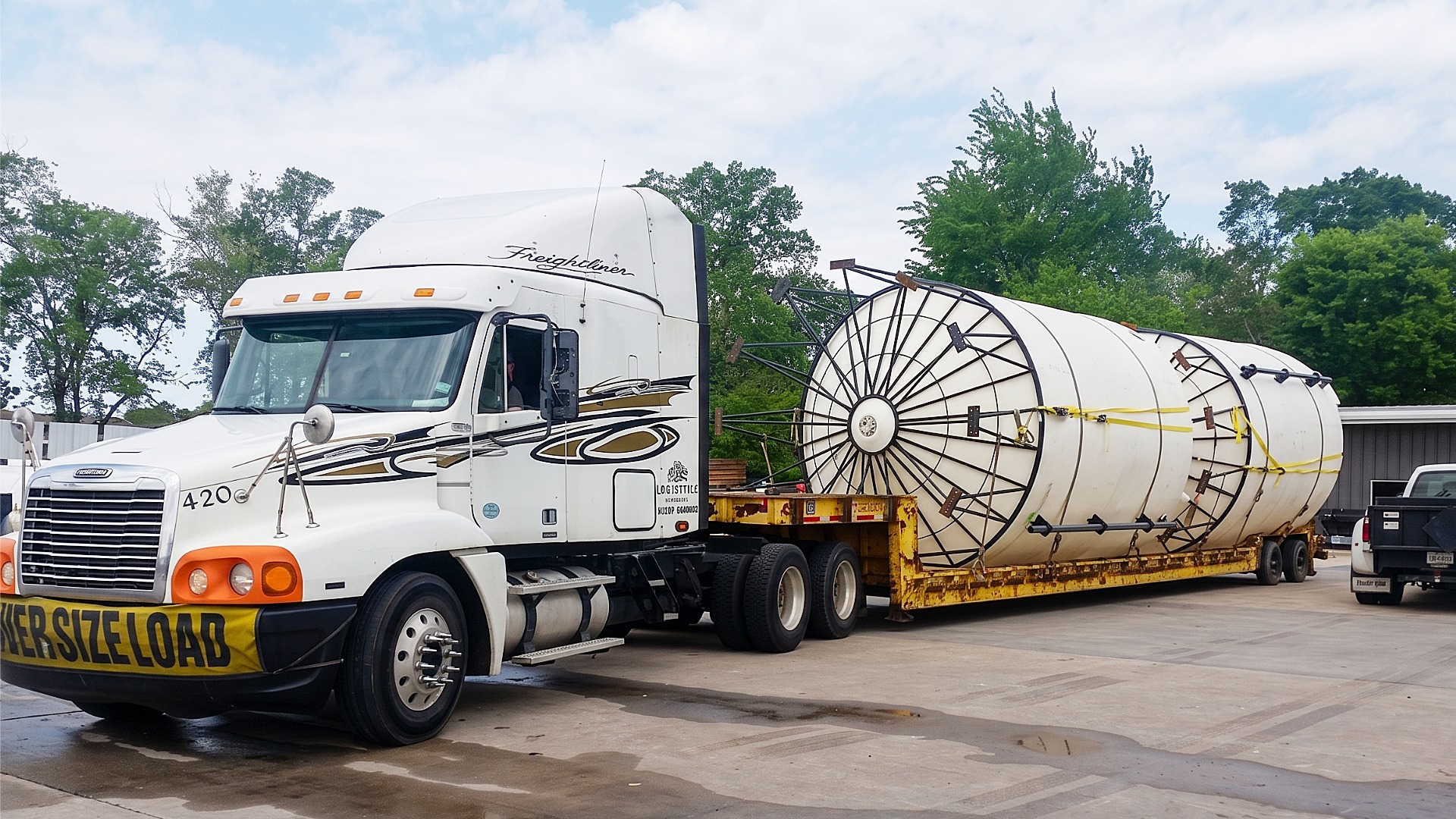 A semi-truck transporting two massive white cone bottom storage tanks on a flatbed trailer marked with an 